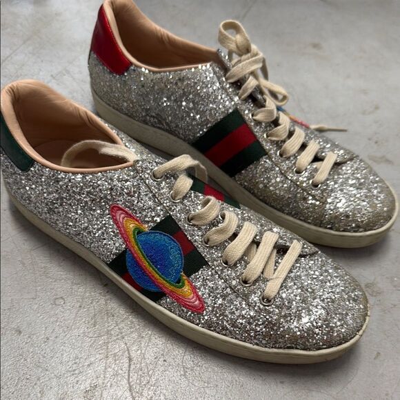 Silver Glitter with Planet Embroidery Size 40 Authentic GUCCI Sneakers - Picture 1 of 6